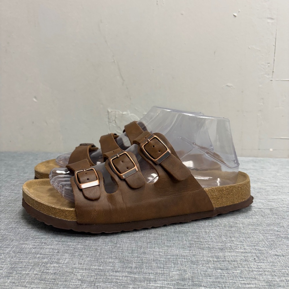 Cushionaire Lane Sandal Women 9M Brown Three Strap Buckle Cork Footbed Slide